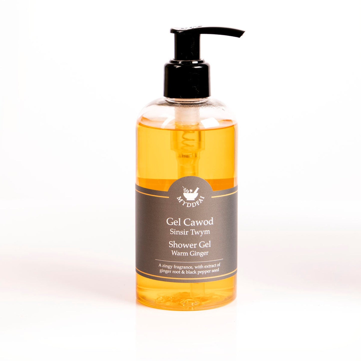 Myddfai Shower Gel Warm Ginger   Gel Cawod Sinsir Twym 250ml Glass or Plastic bottle (Pack 1)
